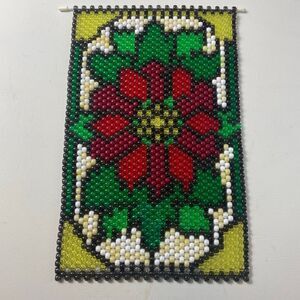 Beaded Floral Wall Hanging Tapestry Boho Folk Art Decor 10x15